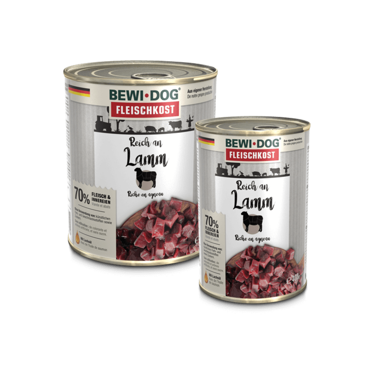 Bewidog lata Rico en Cordero alimento húmedo para perros 400 g y 800 g