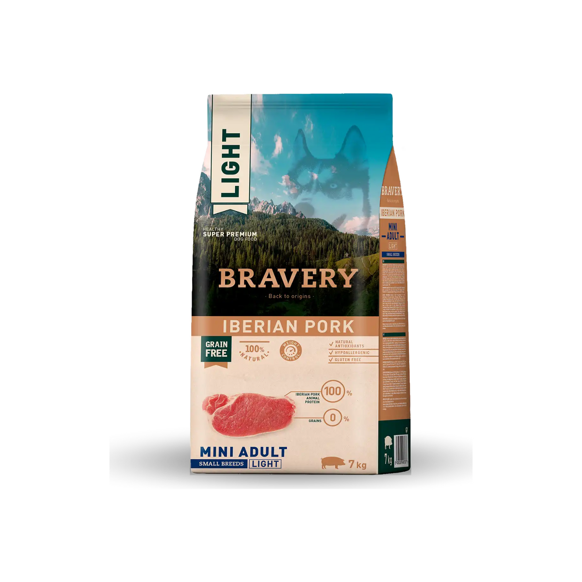 Bravery Perro Mini Adulto Light Cerdo Ibérico Razas Pequeñas – alimento seco grain free light, 2 kg y 7 kg