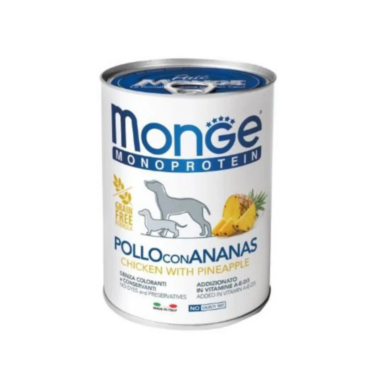 Lata de Monge Perro Pollo con Piña 400 g, paté monoproteico para perros adultos