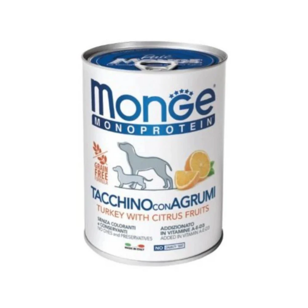Lata de Monge Perro Pavo con Frutas Cítricas 400 g, paté monoproteico para perros adultos