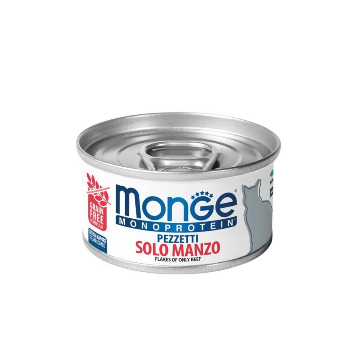 Lata de Monge Gato Flakes de Vacuno 80 g, alimento húmedo monoproteico para gatos adultos